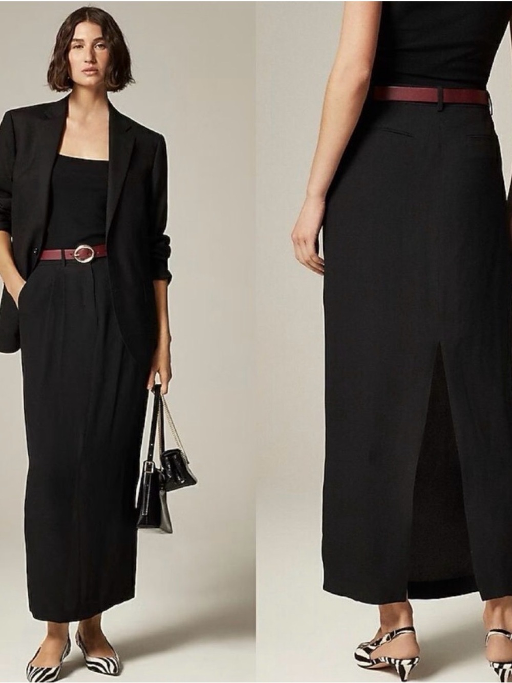 J. Crew Black Maxi Pencil Skirt with Burgundy Belt Accent